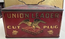 Antique Tin Litho Advertising Union Leader Cut Plug Smoking Tobacco Lunch Box .