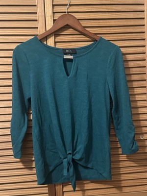 NWOT BCX Womens Green Metal Hardware Tie-Front Keyhole-Neck Long-Sleeve Top; S