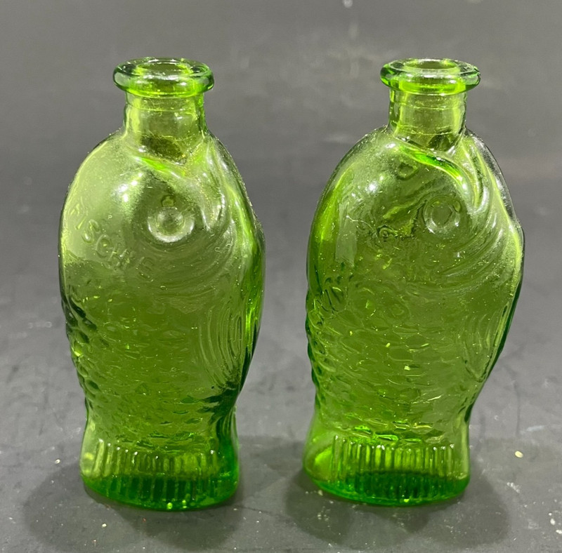 Dr. Fisch's Green Bitters - two 3" miniature Fish Bottles