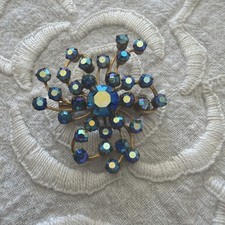 Vintage 1950s 1960s Starburst Brooch Blue AB Aurora Borealis Rhinestone