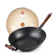 WANGYUANJI 14.1" Cast Iron Wok Flat Bottom + Glass Lid - All Cooktops Uncoated