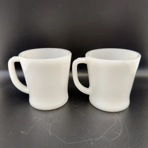2 Vintage Fire King White Milk Glass D Handle Mugs Anchor Hocking Coffee Cups