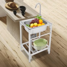 Utility Sink Free Standing Single Bowl Kitchen Bathroom Sink With Faucet  Stand