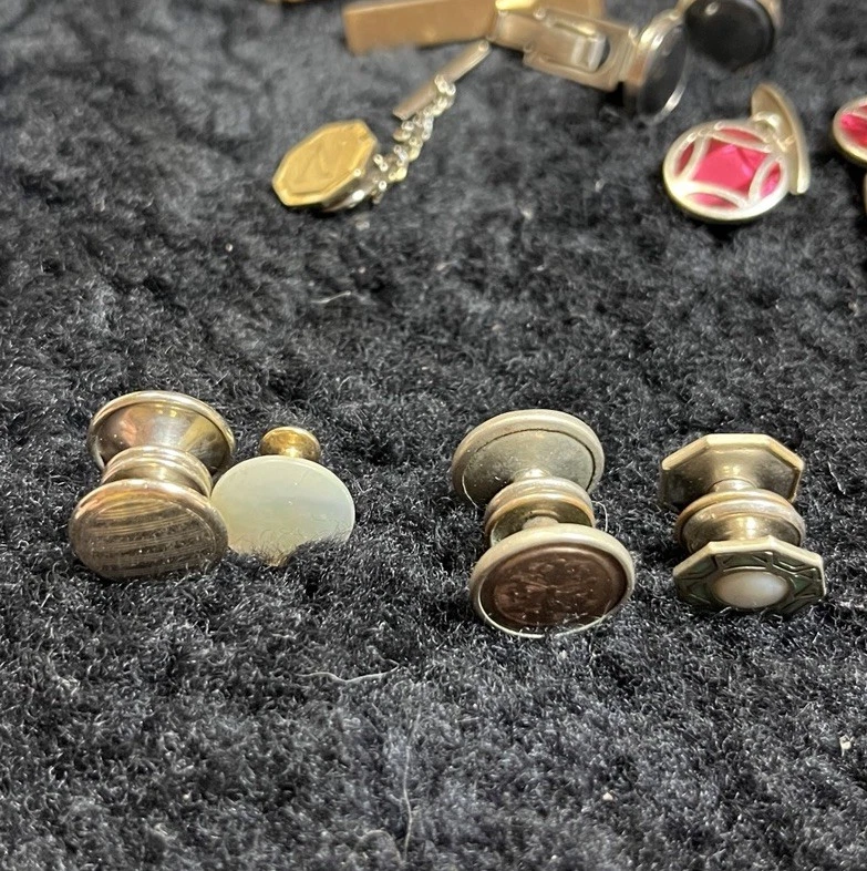 Vintage Lot 24 Tie Tack Pin Tack Cuff Links Gold Silver Tone Button Red Enamel - Image 2 of 4