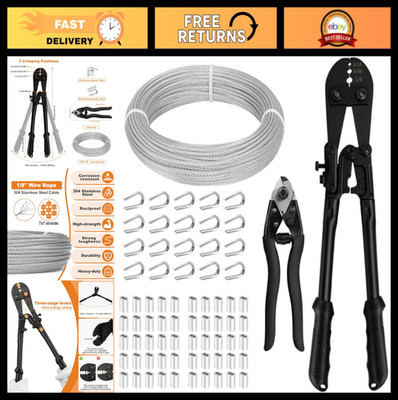 100ft 1/8'' Stainless Steel Cable Wire Rope with Crimping Tool & Cutter - 7x7 Str