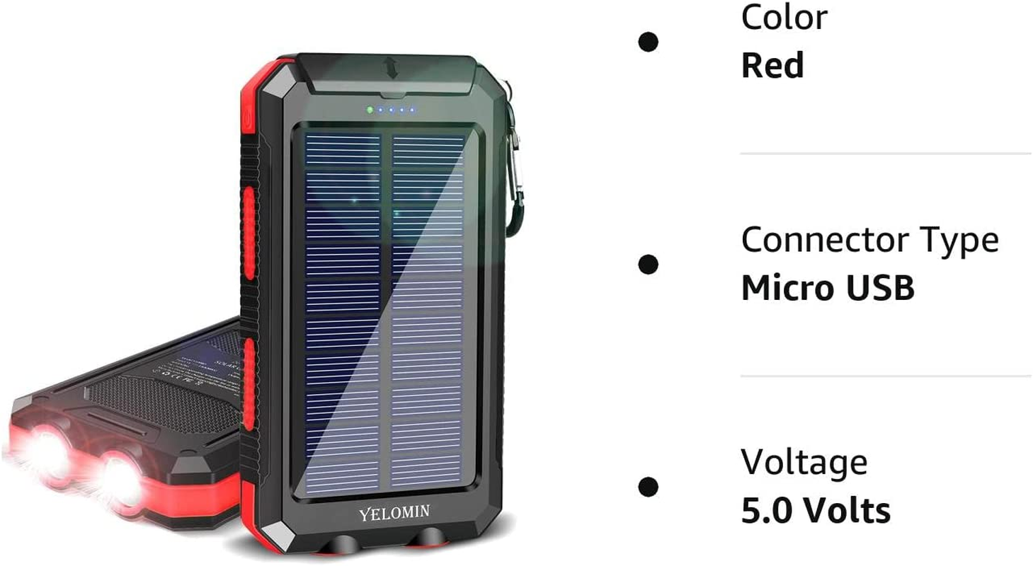 Solar Charger, YELOMIN 20000Mah Portable Waterproof Solar Power Bank