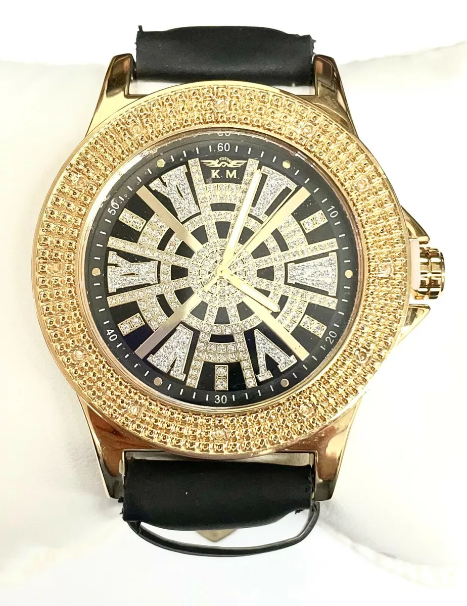 King Master Men s CZ Stone Gold tone Stainless Steel Leather Watch