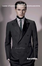 Custom Made Dark Grey Double Breasted Men Suits, Pick Stitching Peak Lapel Trims