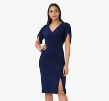 ADRIANNA PAPELL Navy Sheath Dress Women Size 4 Beaded Sleeve Crepe Slit Cinched