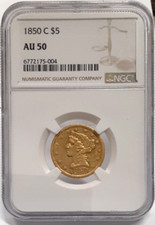 1850-C Liberty $5 Half Eagle Gold Coin NGC AU-50  Slightly Rotated Dies!