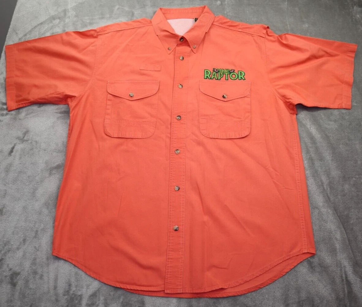 Columbia Fishing Shirt Men's Size XL Button Orange Short Sleeve Emb. Raptor Eyes