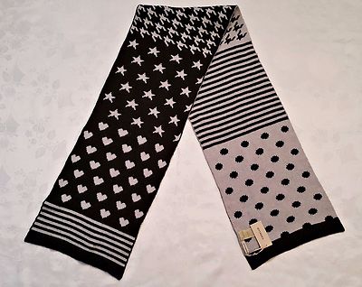 GERMANY CODELLO DOTS HEARTS REVERSIBLE KNITED BLACK GRAY WOOL BLEND LONG SCARF