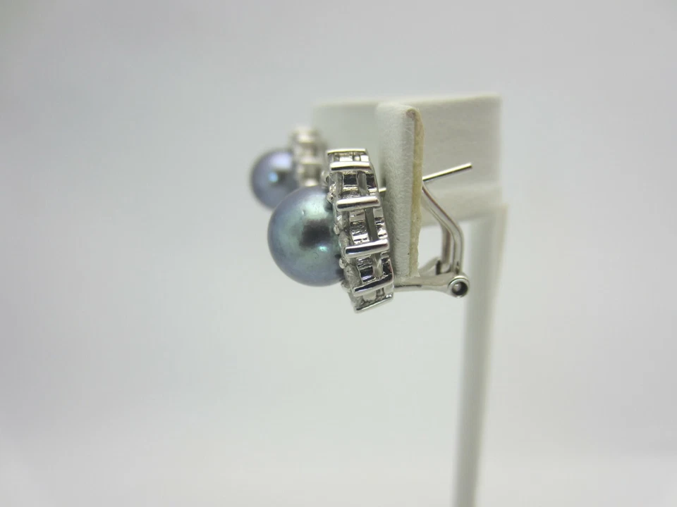 New 14K White Gold 9 mm Black Pearl and 1.75 Carat Diamond Earrings - Image 4 of 4