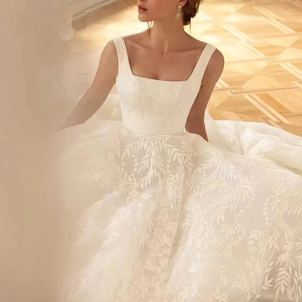 Elegant Detachable Long Sleeve Lace Wedding Dress A Line Square Neck Bridal Gown - Image 2 of 4