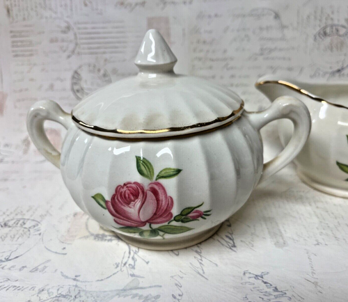 COTTAGE Style Roses Vintage Covered Sugar Bowl & Creamer Set - Picture 2 of 4
