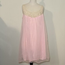 VTG Formfit Rogers Pink Chiffon Lace Babydoll Nightgown Negligee Size M 12-14