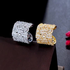 Chunky Silver Plated CZ Big Open Cuff Ring Cubic Zirconia Cocktail Party Jewelry