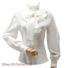Vintage Womens High Neck Ruffle Victorian Lace Long Sleeves Shirt Blouse Tops @@