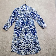 CAbi Shirt Dress Women XS White Blue Floral Geometric Cocktail Artsy Office