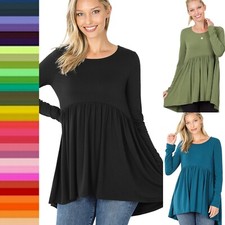 Women's Round Neck 3/4 Sleeve or Long Sleeve Shirring Empire Waist Baby Doll Top