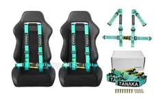 2 X TANAKA UNIVERSAL MINT GREEN 4 POINT BUCKLE RACING SEAT BELT HARNESS 2"