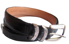 VTG Onyx Black Leather Belt Croc Grain Silver Tone Western Buckle Size 40 USA