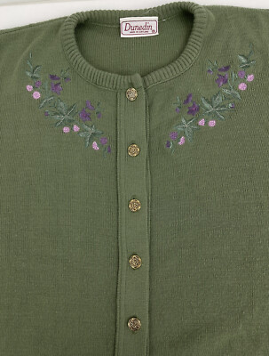 Dunedin Womens 40'' Green Floral Embordered Button Up Spring Cardigan 