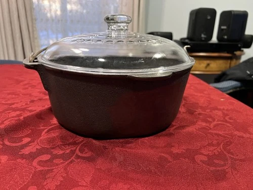 Vintage Wagner Ware Cast Iron 5Qt Dutch Oven With Orig Glass Lid Made in the USA