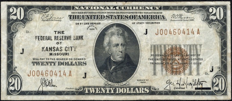 1929 $20 Twenty Dollar Kansas City National Federal Reserve Bank Note Fr#1870J
