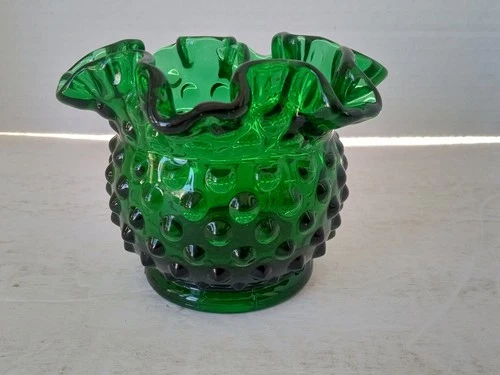 Vintage Fenton Hobnail EMERALD GREEN Ruffled Bud Vase Rose Bowl 3" x 4.5"