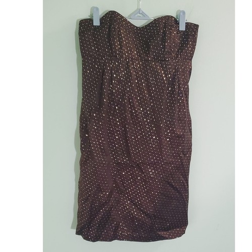 Usado en excelente estado! Vestido de cóctel Shoshanna marrón chocolate con lunares dorados sin tirantes talla 2 - Imagen 5 de 12