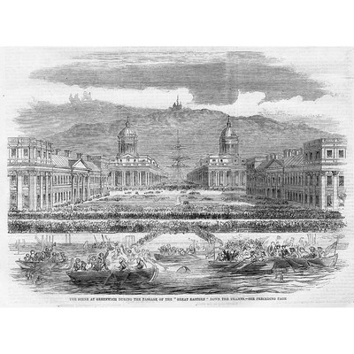 Szene in Greenwich; Passage of Steamship Great Eastern on Thames - alter Druck 1859