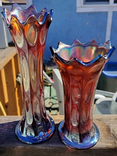 2 Antique Carnival Glass Fenton Long Thumbprint Amethyst Vases 10 1/4" & 7 1/2"