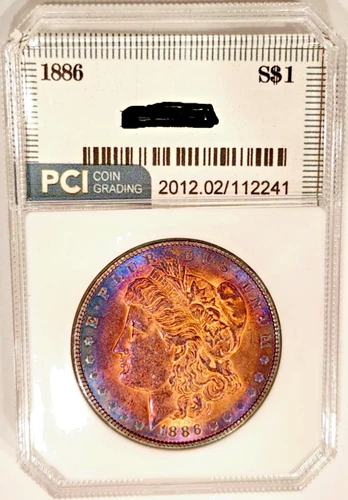 1886-P Gem BU Morgan Dollar Bold Full Obverse Target Rainbow Toned