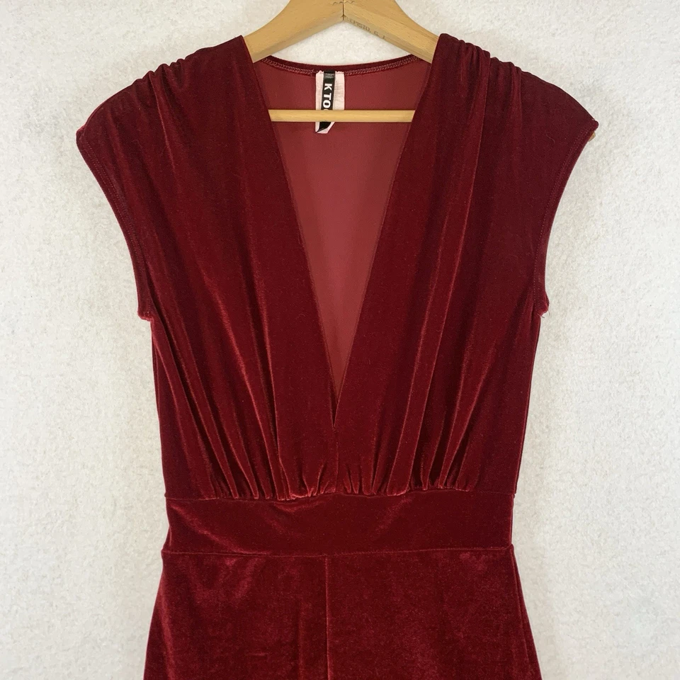 Vintage Womens Velvet Plunge Jumpsuit Sz XS Red Y2K Glam Cocktail Club USA Made - Image 2 of 4