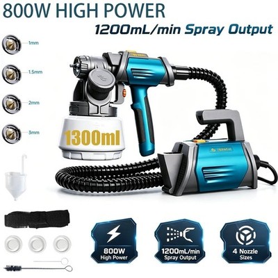 Farbspritzgerät elektrisch HVLP Spritzpistole 800W 1300ml 4 Messingdüsen Zaun Wand UK