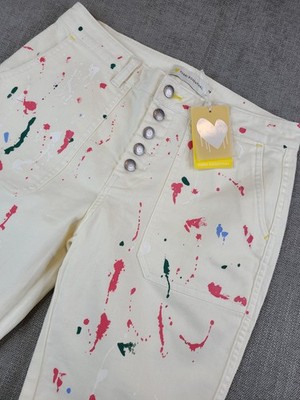 NWT Kerri Rosenthal Pants Womens Oatmilk Paint Splatter Twill Button Fly - Sz 29