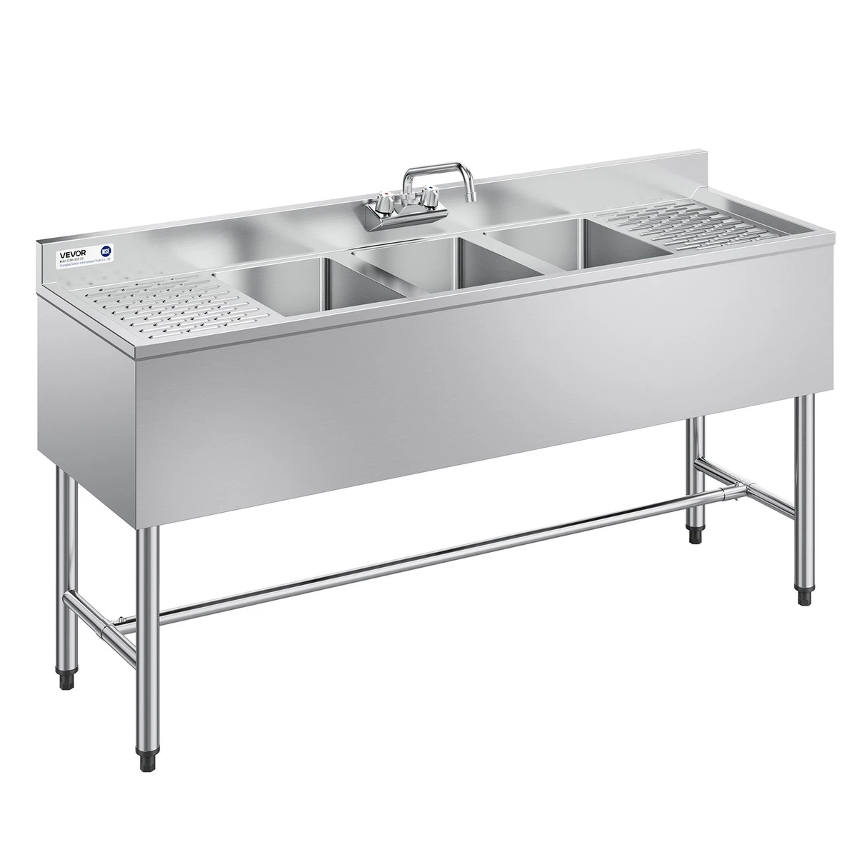 Outdoor Utility Stainless Steel Double Bowl Sink – Freestanding With Hot/Cold Faucet, 32"x17"x30", For Garage, Laundry, Cafe, Or Patio