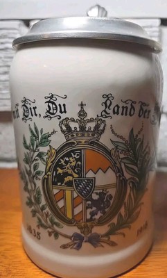 Vtg Stein Lid- Gott Mit Dir, Du Land der Bayern The Coat of Arms  1835-1918 Mug