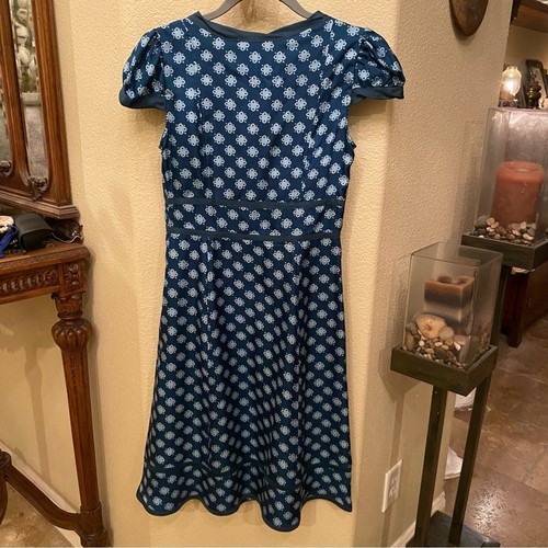 MARC JACOBS 100% Silk Teal Blue Yoko Flower Cap Sleeve Midi Dress Size 2 - Picture 5 of 8