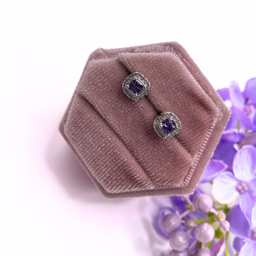 WHITE GOLD FINISH Square Cut Purple Amethyst and Created Diamond Stud Earrings - Picture 4 of 4