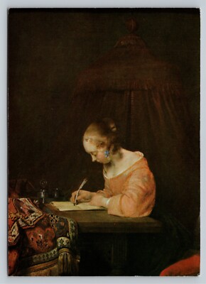 Woman Writing a Letter Gerard Borch Saginaw MN Vintage c1985 Postcard