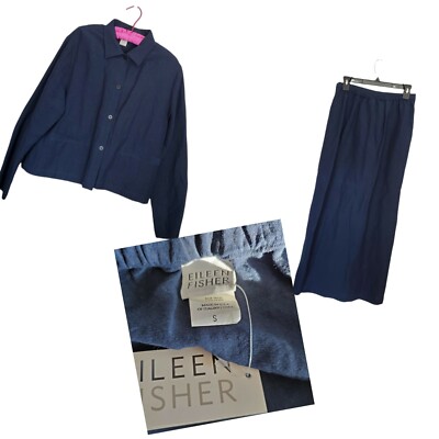 VTG Eileen Fisher Linen Jacket Faux Wrap Skirt Suit S Blue Lagenlook Scandi NEW
