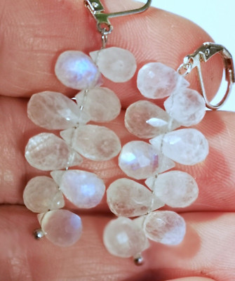 ~925 SILBER OHRRINGE REGENBOGEN-WEISS MIT BLAUTÖNEN NATUR UNBEHANDELT MONDSTEIN