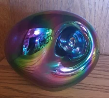 ROBERT EICKHOLT IRRIDESCENT ART GLASS RAINBOW PAPERWEIGHT SIGNED