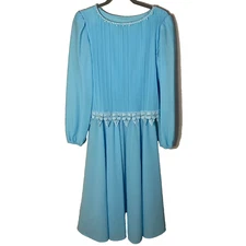 Vtg Blue Lace Midi Dress S-M White Trim Pleated 70s Mother of Bride 80's READ