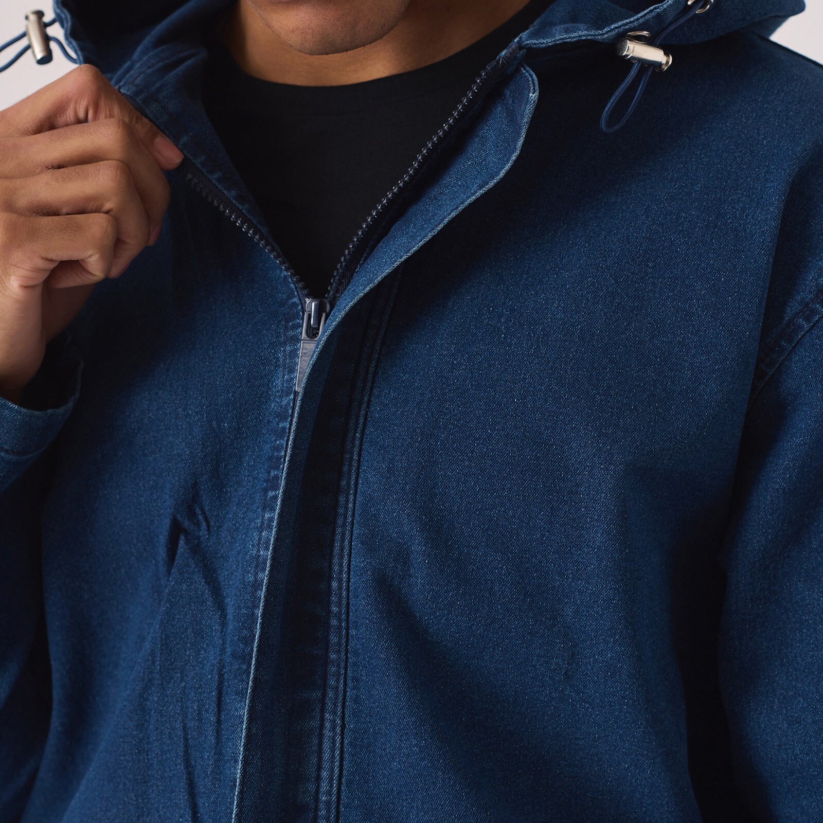 New Mens Hooded Denim Jacket Mid Blue Wash Regular Fit Military Cargo