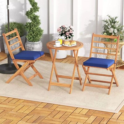 3 PCS Acacia Wood Patio Bistro Set Folding Outdoor Table and Chairs w/ Cushions
