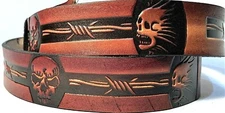 SKULL & BARBWIRE EMBOSSED MOTORCYCLE COWHIDE LEATHER BELT SIZE 26-48 USA MADE