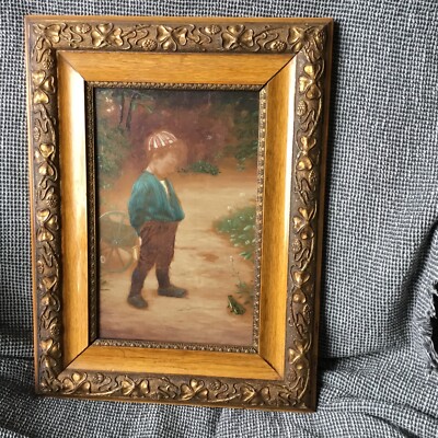 Der Junge mit dem Frosch -Öl auf  Porzellanplatte Marie Wunsch.